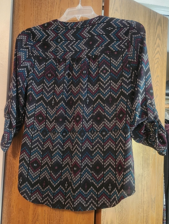 Maurices Black Geometric V-Neck Blouse with Teal & Plum Accents - Picture 9 of 9